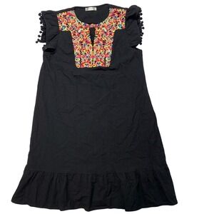 Kirundo Embroidered Boho Dress Womens Small Black Pom Pom Flutter Sleeve Ruffle